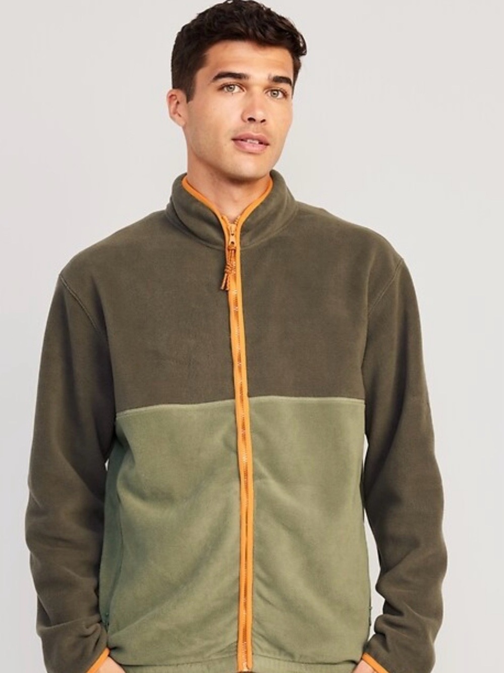 Old Navy Two-Tone Olive and Light Olive Zip-Up Fleece with Orange Trim